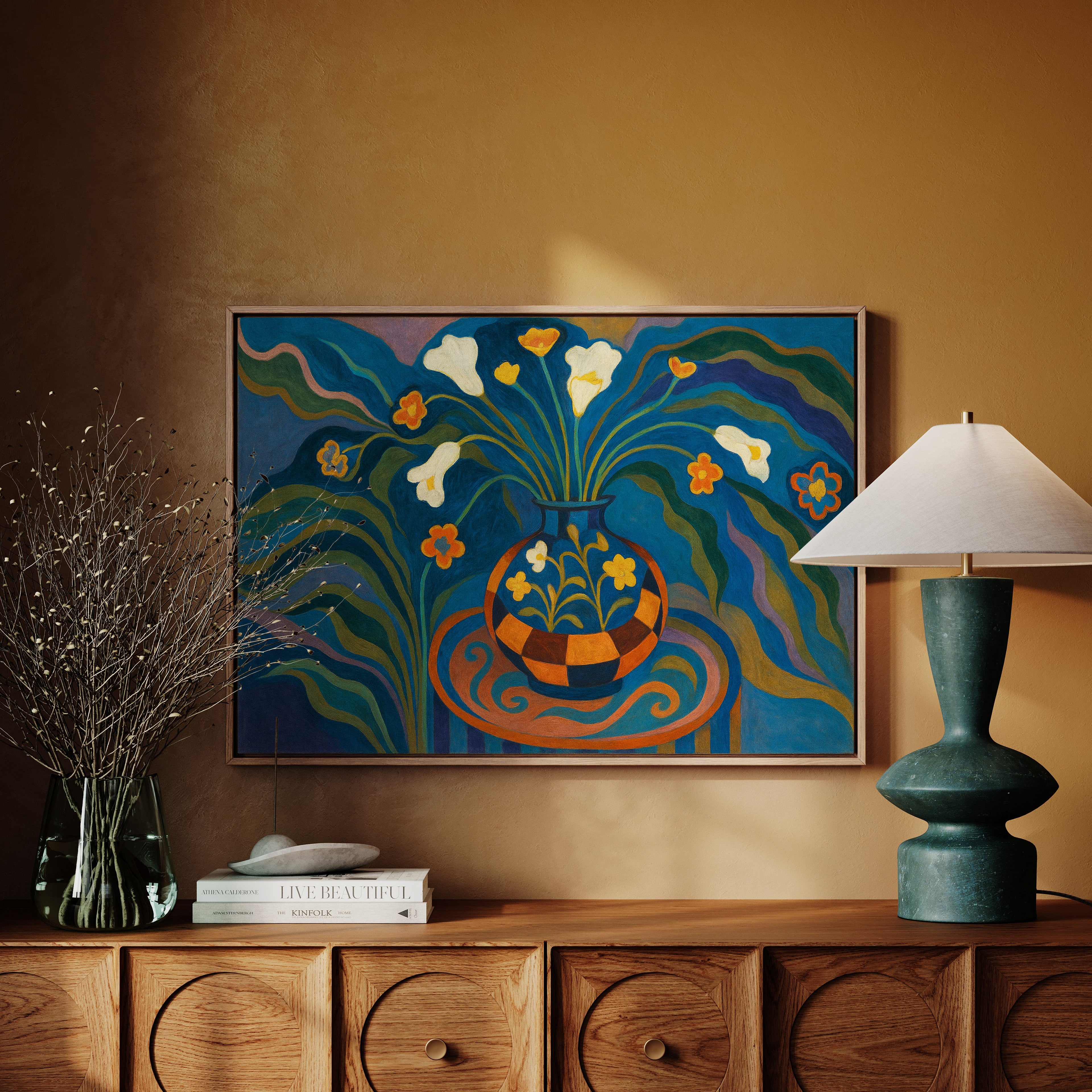Moonlit Blooms in a Checkered Vase