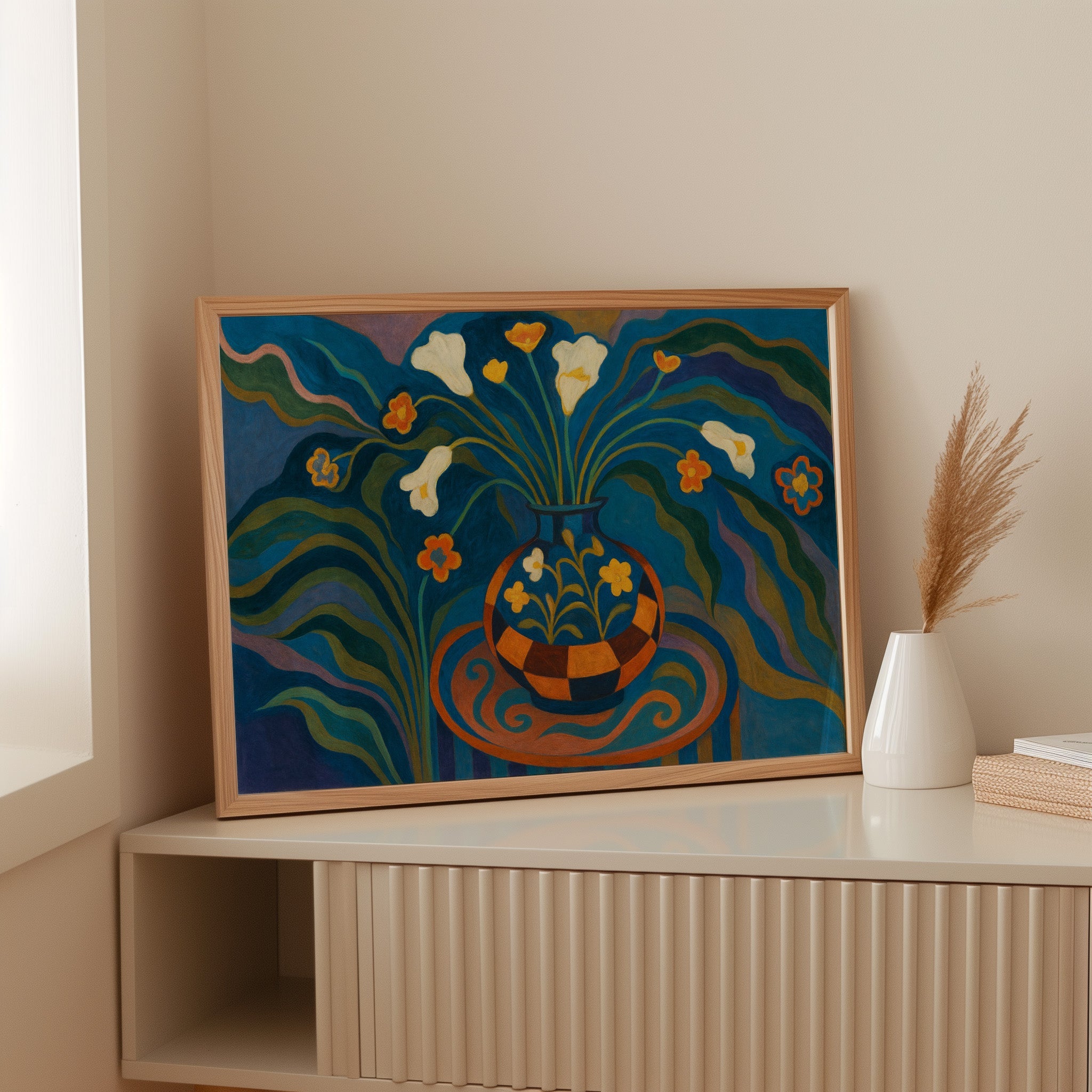 Moonlit Blooms in a Checkered Vase