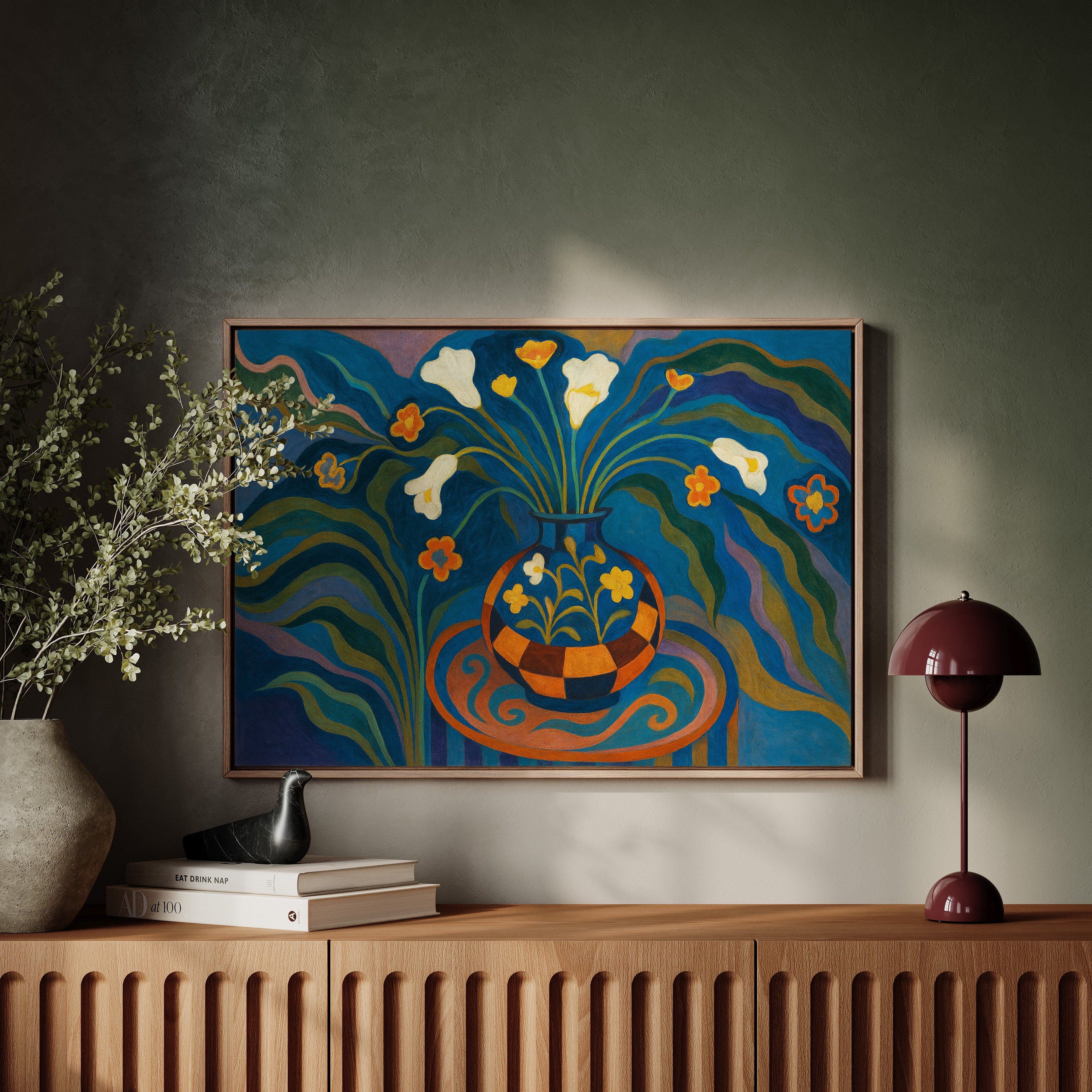 Moonlit Blooms in a Checkered Vase