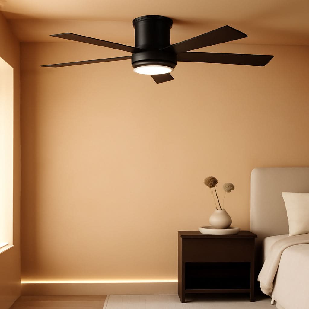 52 Inch Black Flush Mount Ceiling Fan With Dimmable Lights